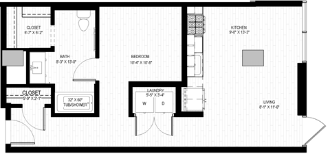 Floor plan for studio, 1 bath, 809 sqft